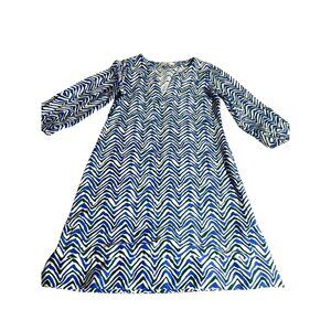 Jude Connally Zigzag Chevron Print Midi Dress XS Blue Black 3/4 Sleeves Casual